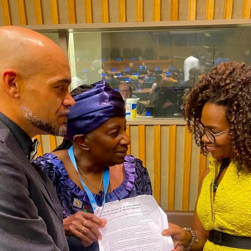 Initiators: Mr. Hatem Ben Mansour (Norway) & Mrs. Barryl A. Biekman (Netherlands), present the signed Petition that calls for a Second UN International Decade for People of African Descent 2024-2034 to Mrs. Epsy Campbell, Chair of the Permanent Forum on People of African Descent. Date: 2023, June 1st, 2nd Session of the Permanent Forum on People of African Descent. Venue: UN New York